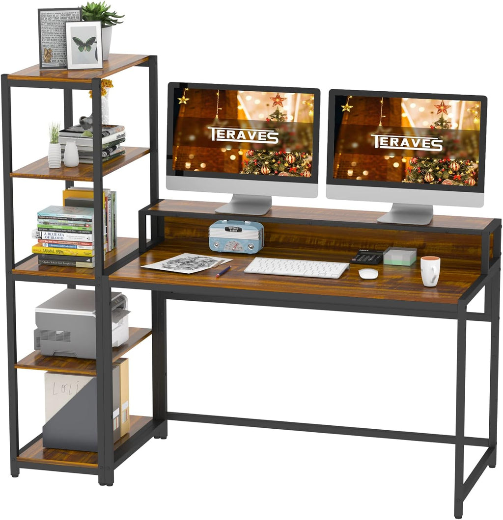 White Marbling Gold Frame 47 Inch Computer Desk with 5 Tier Shelves M879