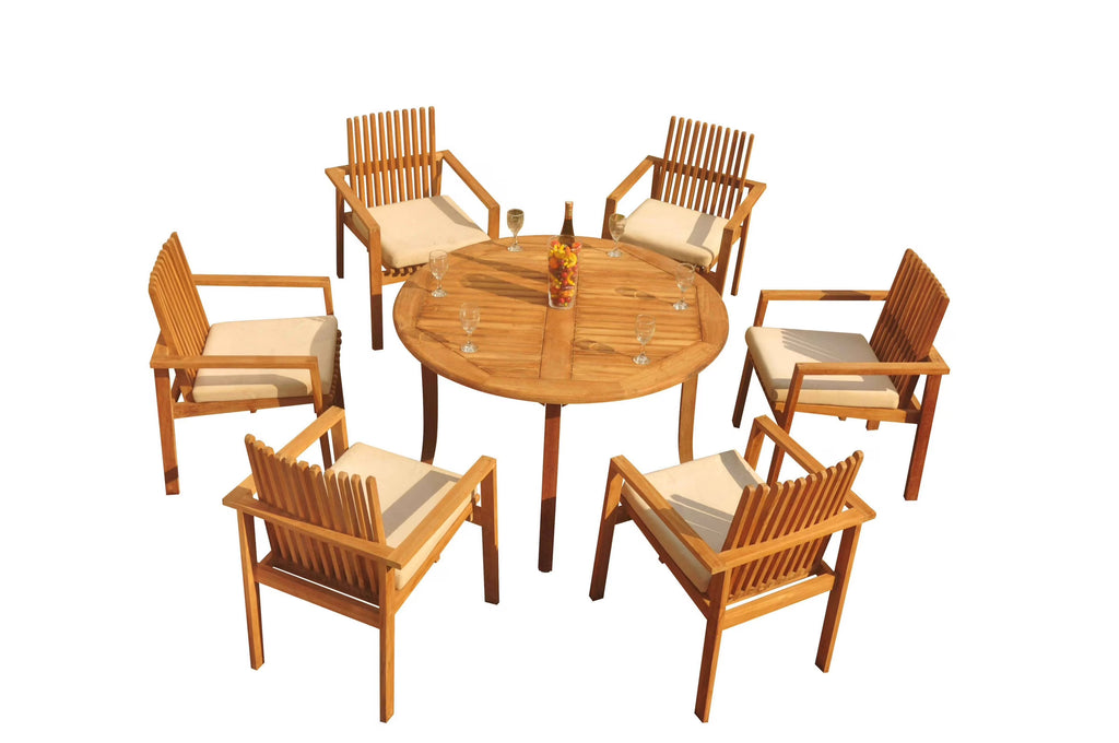 Teak 7 Pc 6 Seater Dining Set with 48" Round Table and 6 Stacking Arm Chairs Q203496