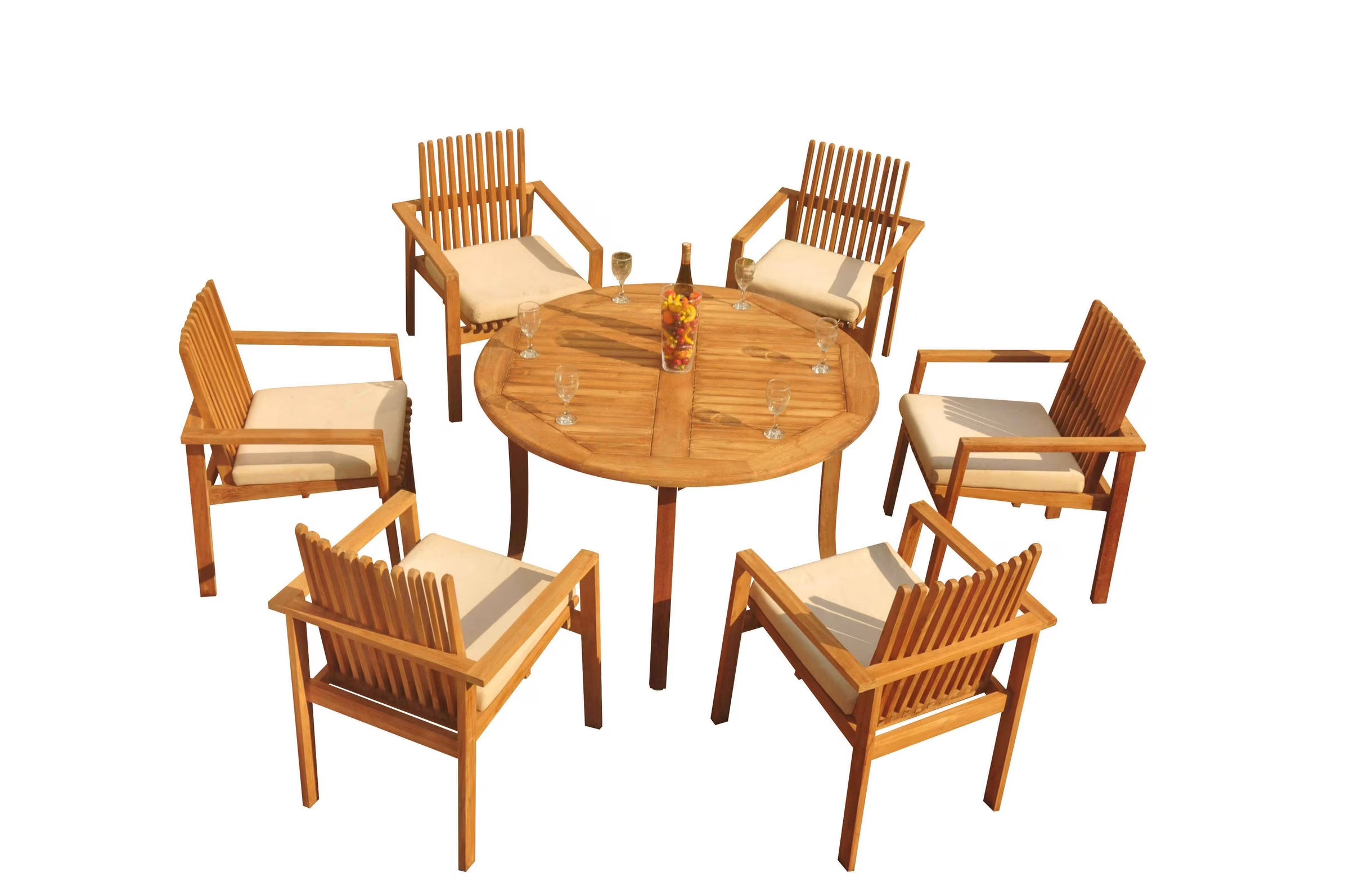 Teak 7 Pc 6 Seater Dining Set with 48" Round Table and 6 Stacking Arm Chairs Q203496
