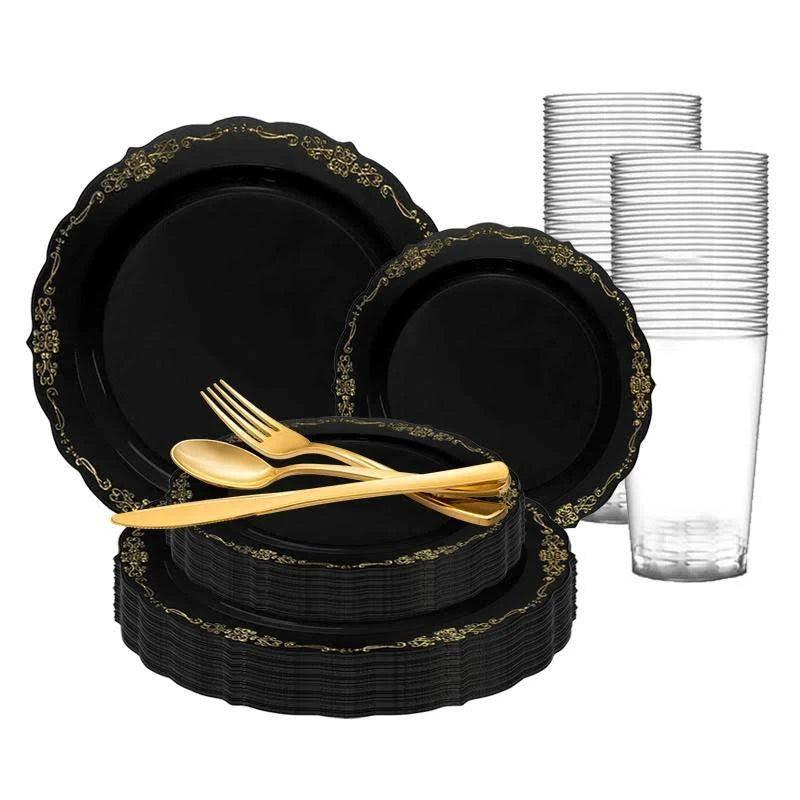 Black with Gold Rim Round Disposable Plastic Wedding Value Set I791325