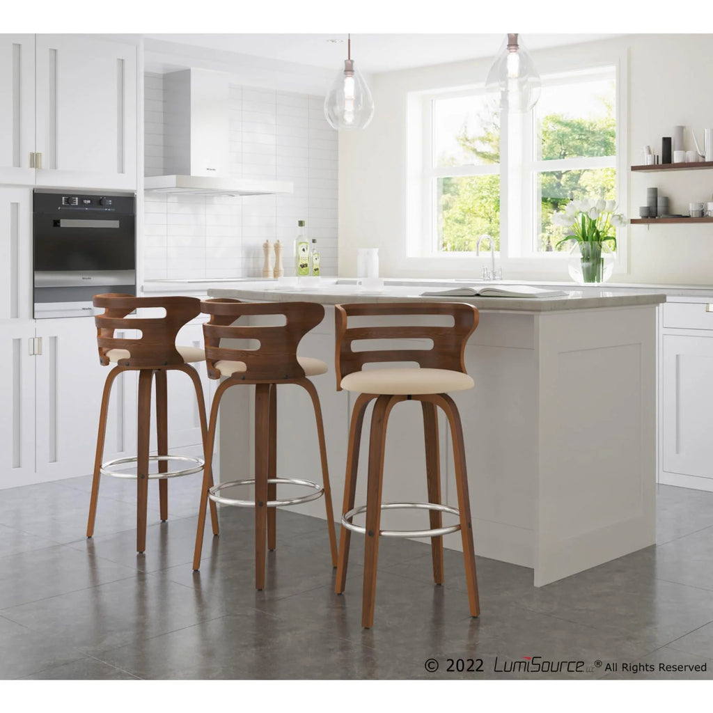 Set Of 2 Swivel Barstool In Walnut And Cream Faux Leather X141