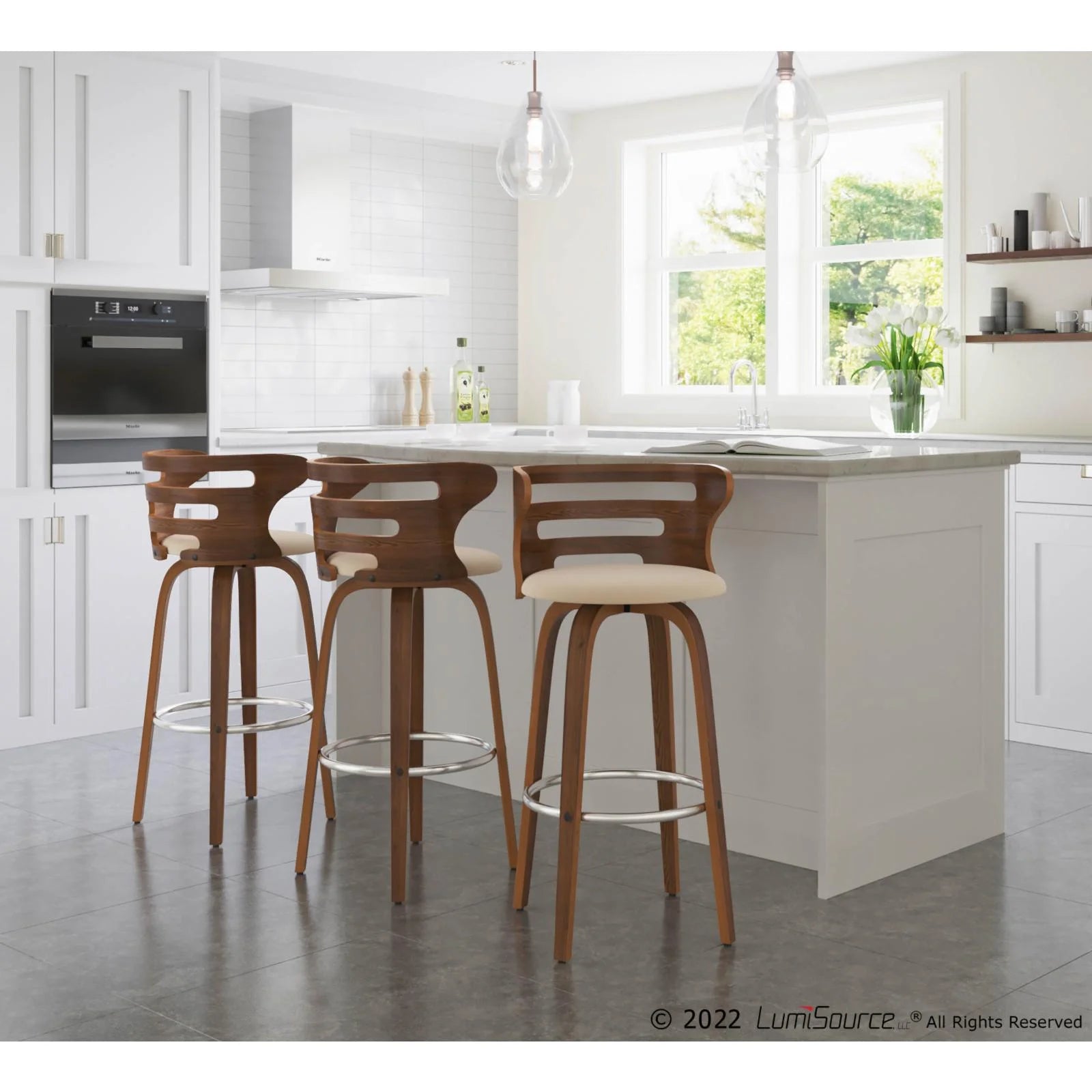 Set Of 2 Swivel Barstool In Walnut And Cream Faux Leather X141