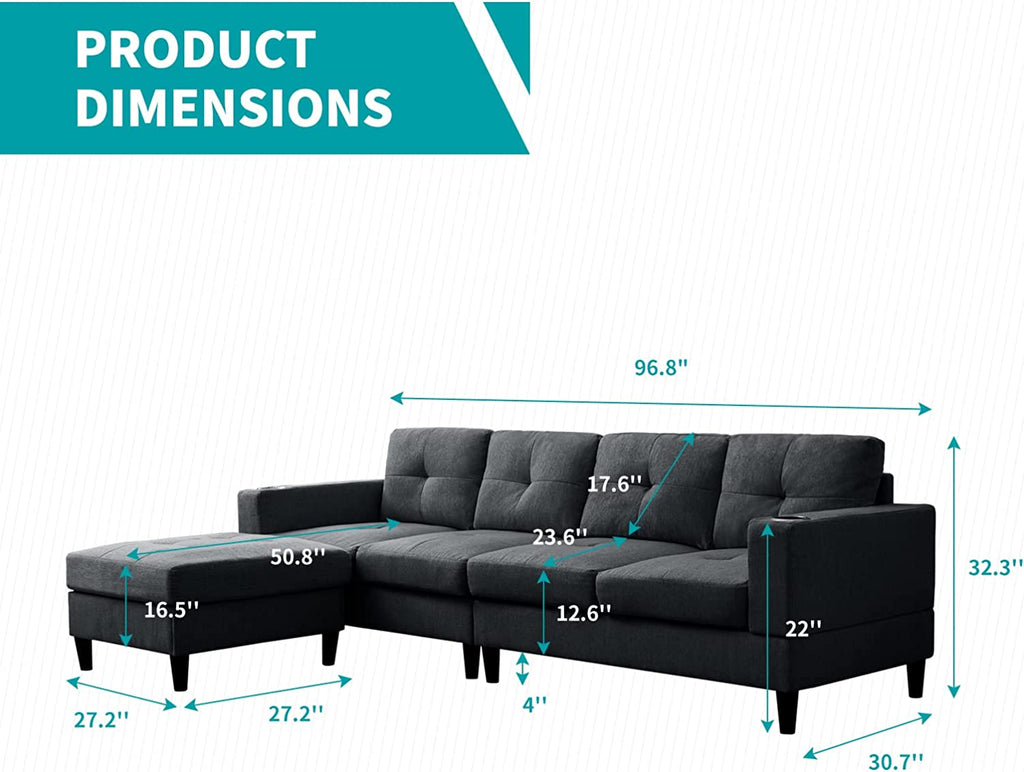 Reversible 4 Seat L-Shape Sectional Sofa with 2 Cup Holders, Dark Grey R586908