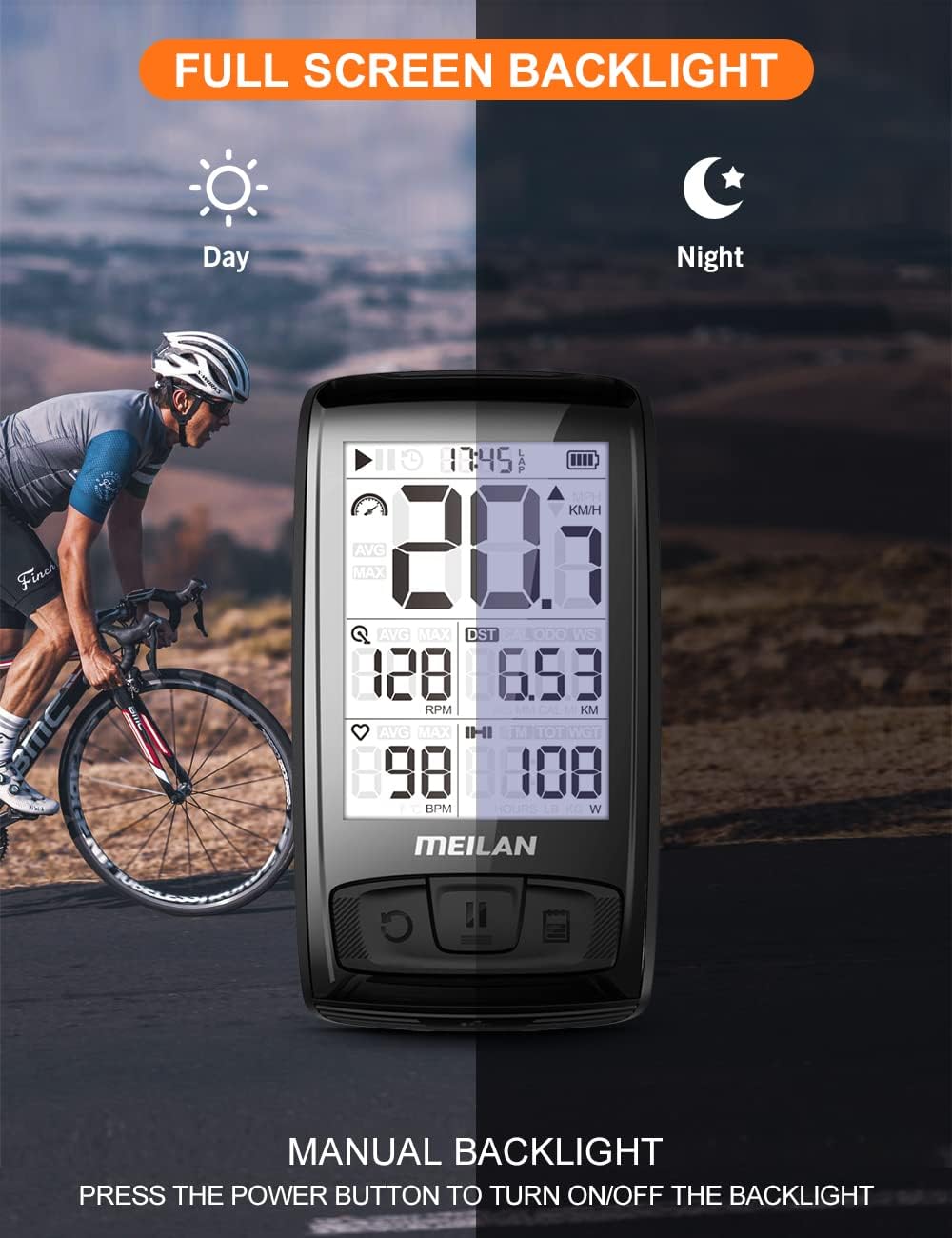 Blade Wireless Bike Computer with Backlight Speed Cadence Sensor Included Bluetooth ANT+ 80 Hours Battery 2.5in Screen Waterproof J4440