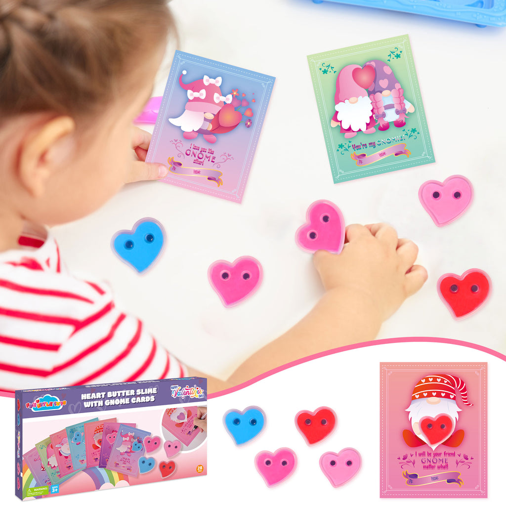 28Pcs Valentine Heart Butter Slime with Gnome Cards L84732