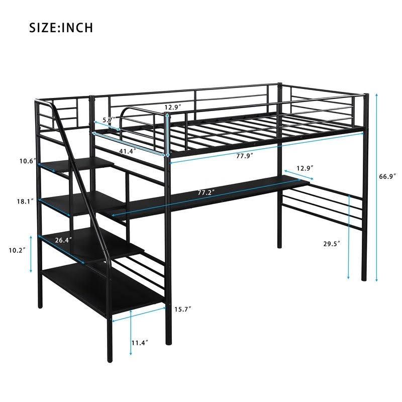 Black Twin Metal Loft Bed Frame with Desk R29124