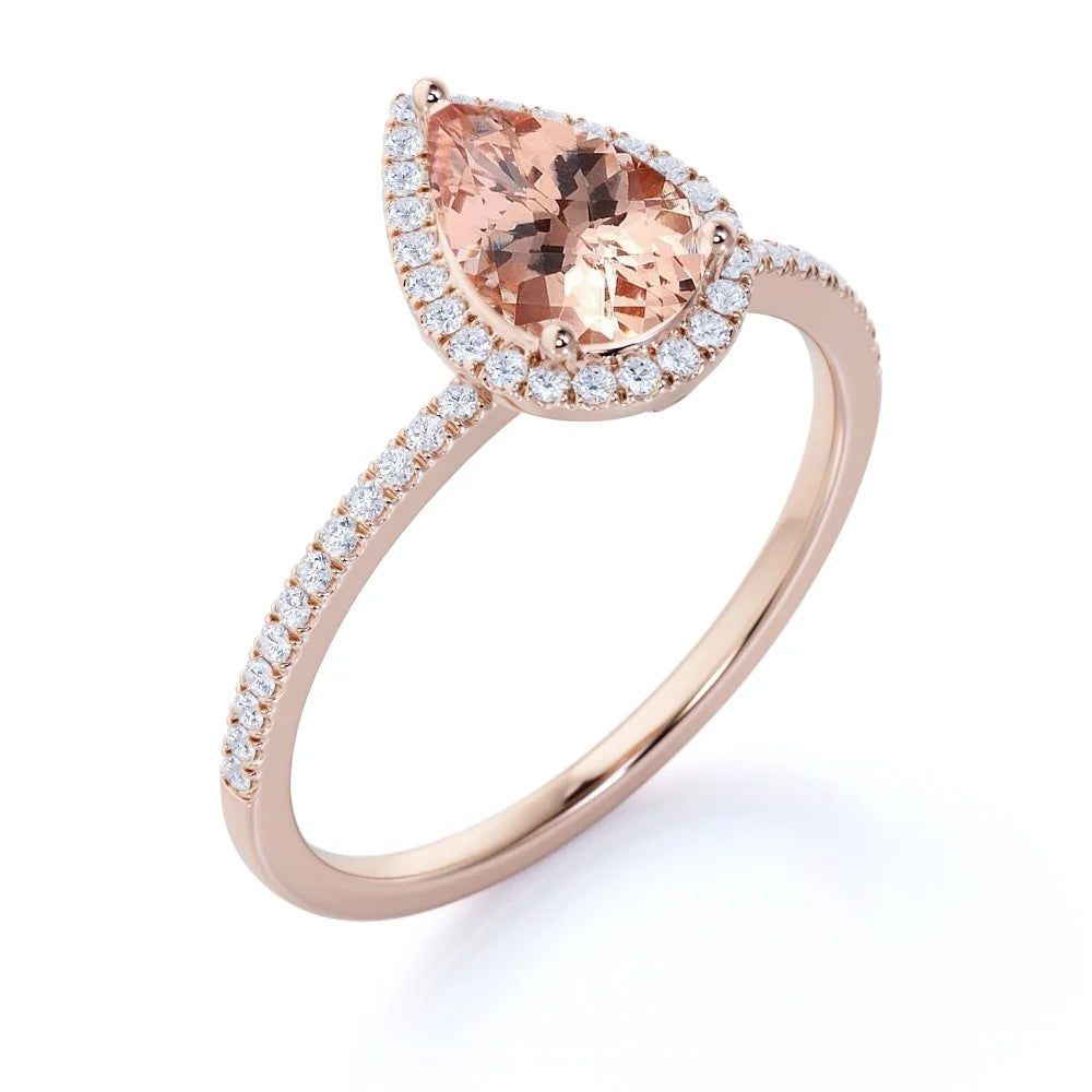 1.75 Carat Pear Cut Lab Created Morganite and Moissanite Halo Engagement Ring in 18K Rose Gold Plating over Silver H954297