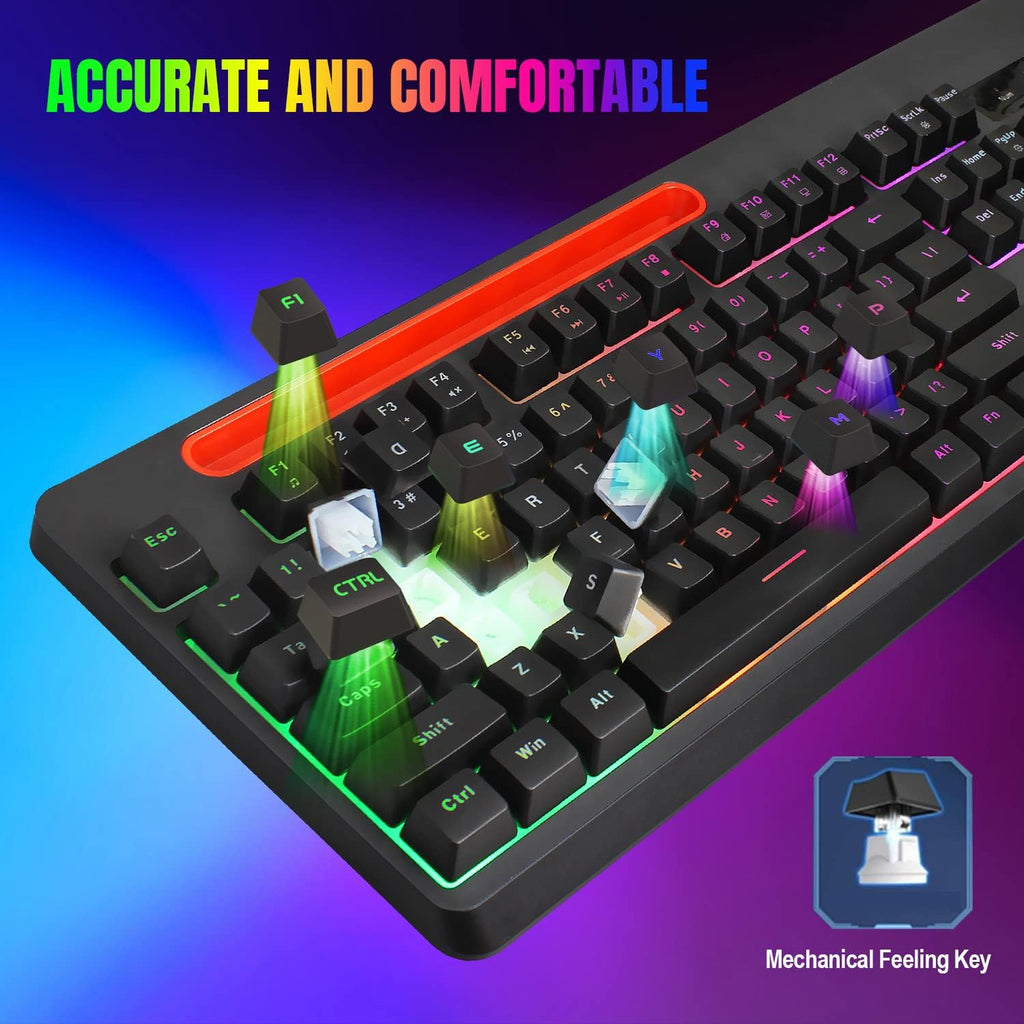 Wireless Gaming Keyboard and Mouse Combo, Rainbow Backlit Mechanical Feel, Anti-ghosting, Ergonomic Design, Tablet/Phone Bracket, Long Battery Life, Pack of 2 X6389