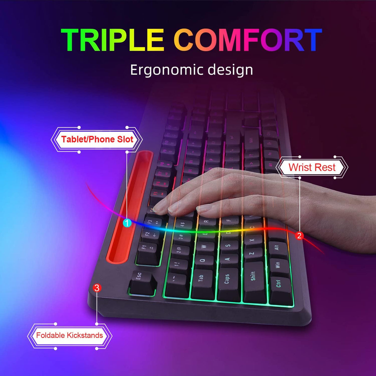 Wireless Gaming Keyboard and Mouse Combo, Rainbow Backlit Mechanical Feel, Anti-ghosting, Ergonomic Design, Tablet/Phone Bracket, Long Battery Life, Pack of 2 X6389