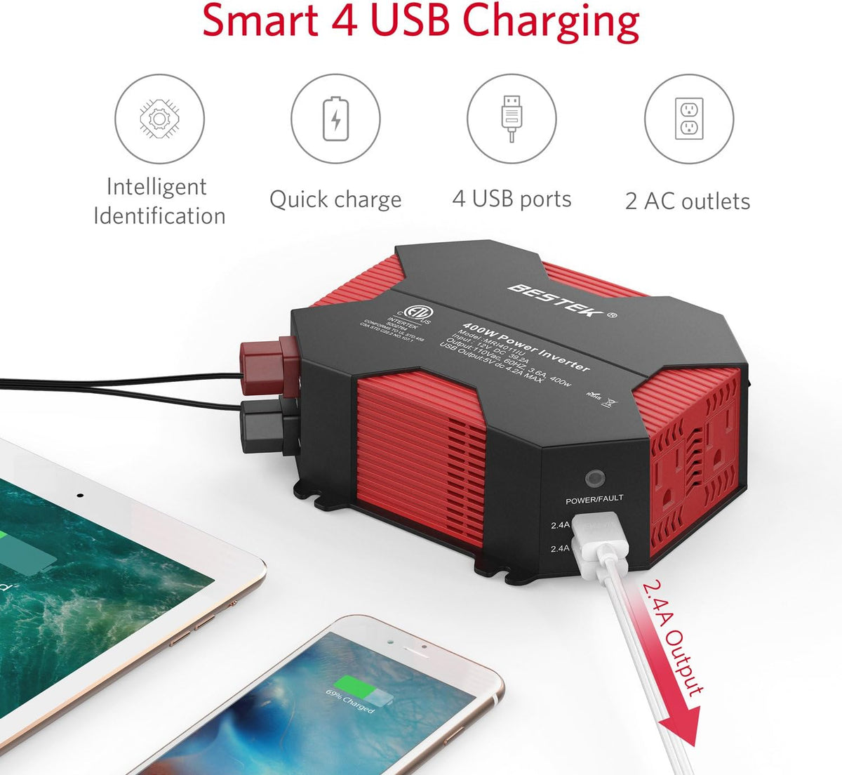 400W Car Power Inverter DC 12V to AC 110V with 4 USB Charging Ports Pack of 2 B49667