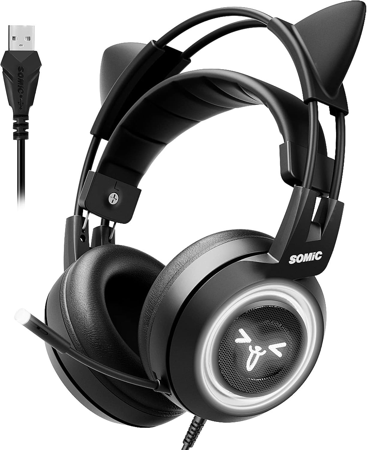 Black 7.1 Virtual Surround Sound Detachable Cat Ear Headphones, USB, Over Ear, Pack of 2 S263518