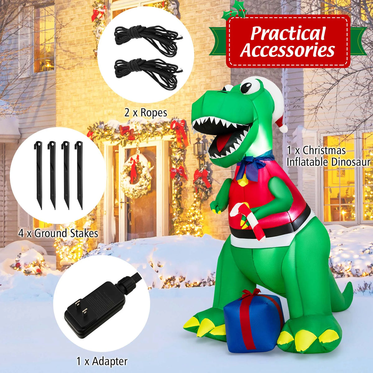 6FT Inflatable Christmas Dinosaur Decoration with LED Lights & Gift Box M74534
