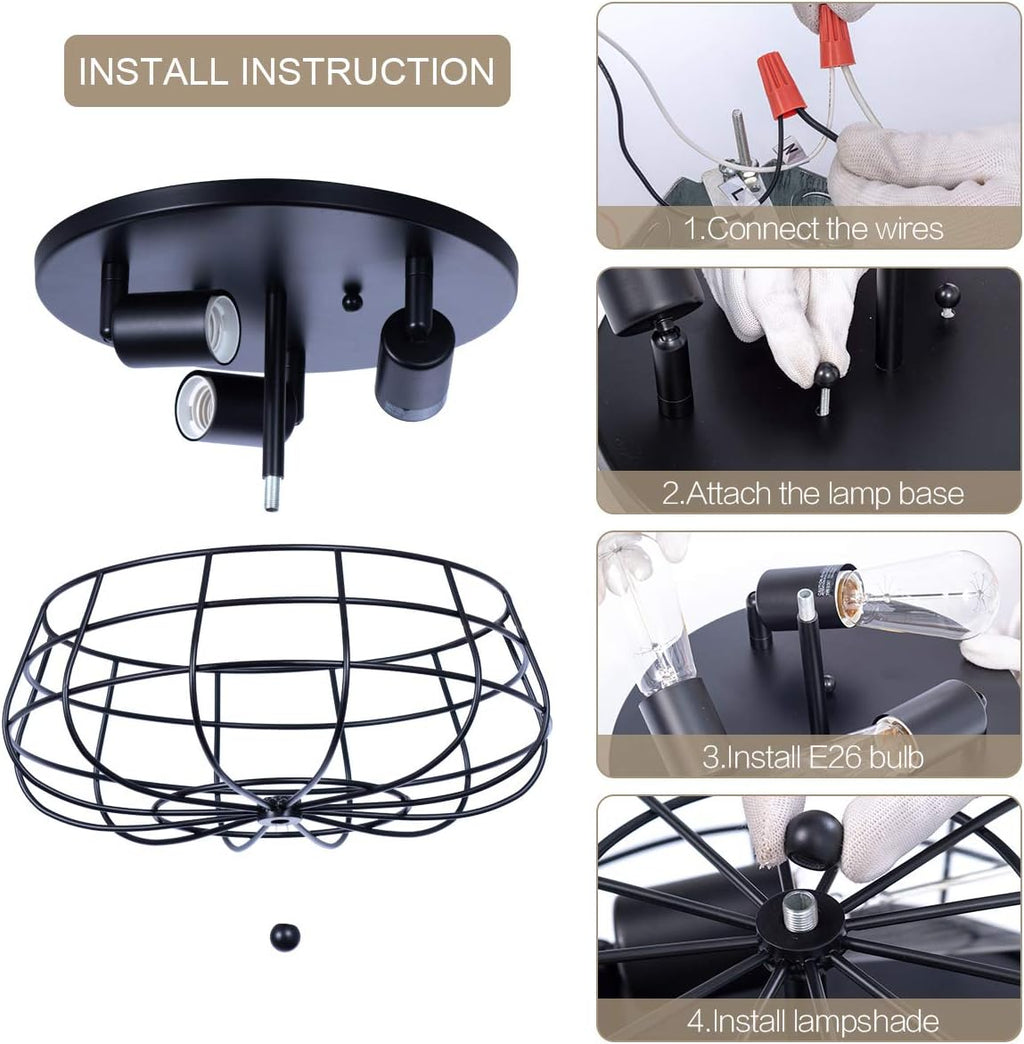 Industrial 3-Light Rustic Semi Flush Mount Ceiling Light with Metal Cage H230614