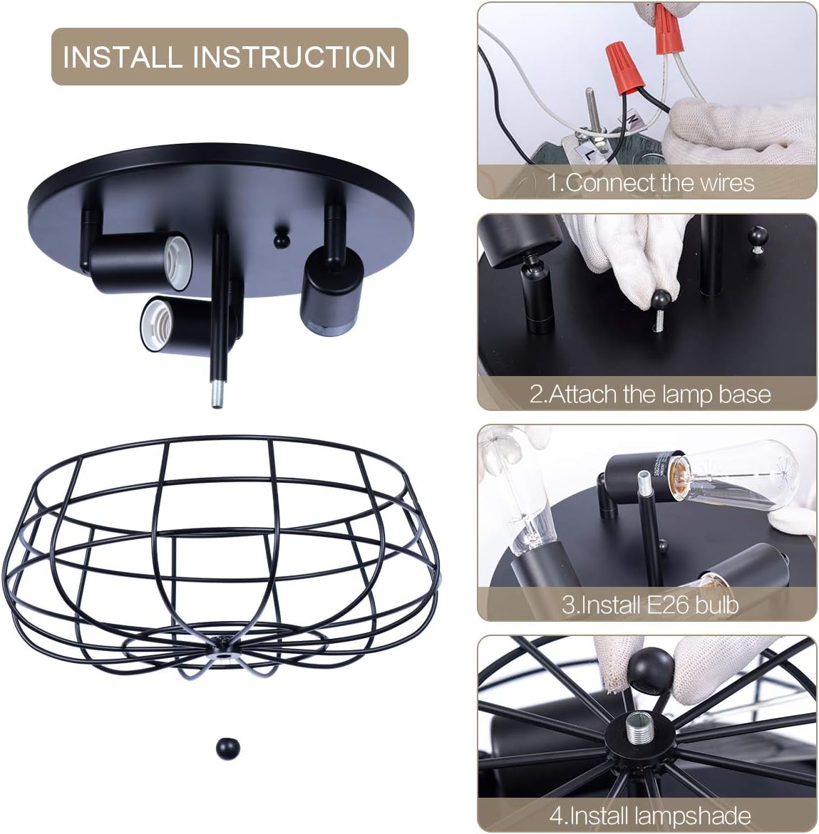 Industrial 3-Light Rustic Semi Flush Mount Ceiling Light with Metal Cage H230614