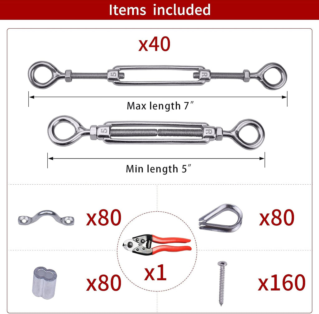 40 Set 1/8 Cable Railing Kit Heavy Duty Turnbuckle M5 Eye to Eye Stainless Steel Angle Adjustable T3254