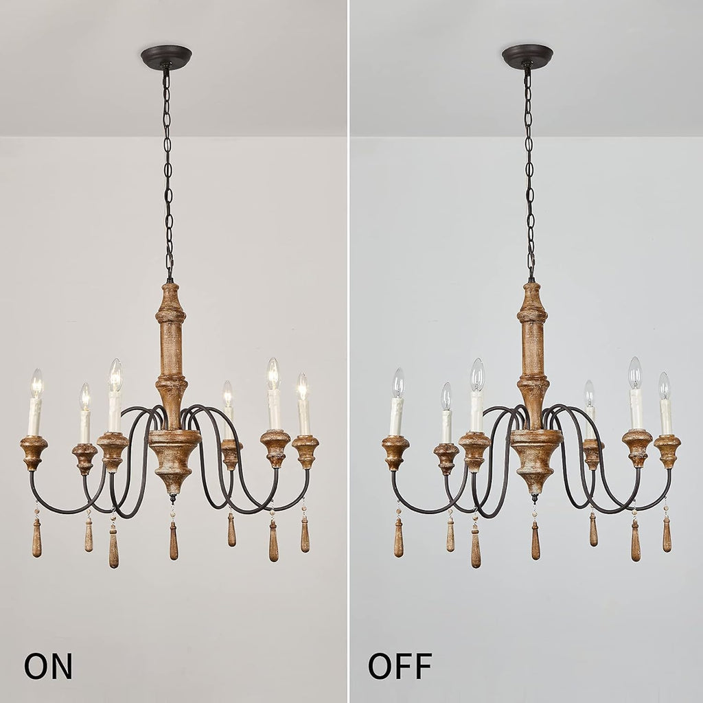 French Country 6-Lights Handmade White Distressed Wood Chandelier D215
