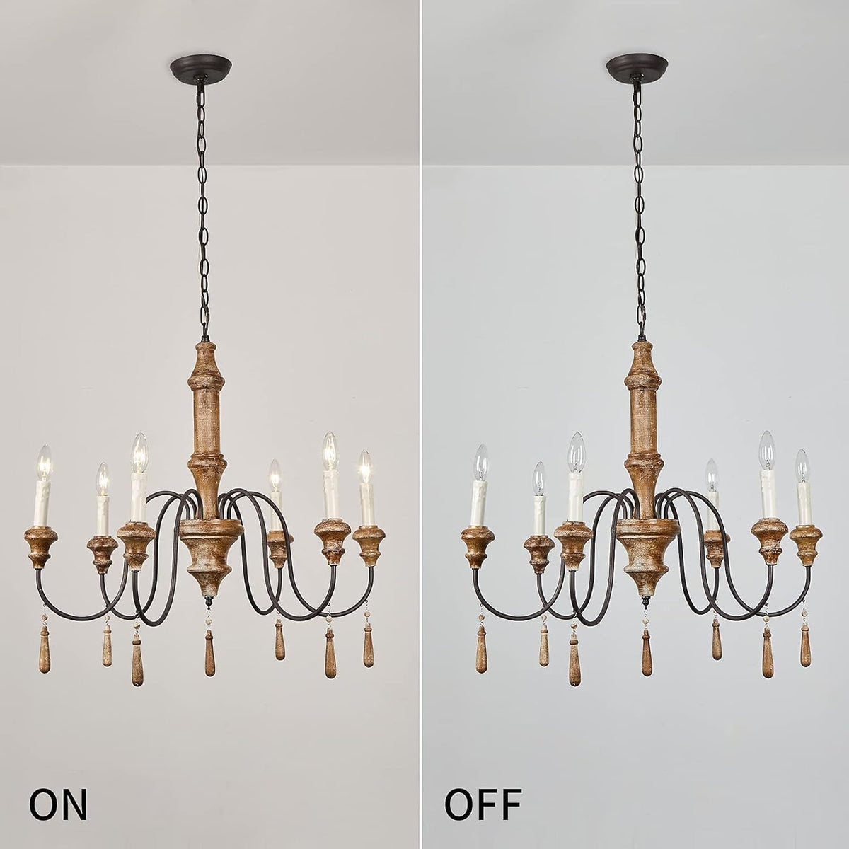 French Country 6-Lights Handmade White Distressed Wood Chandelier D215