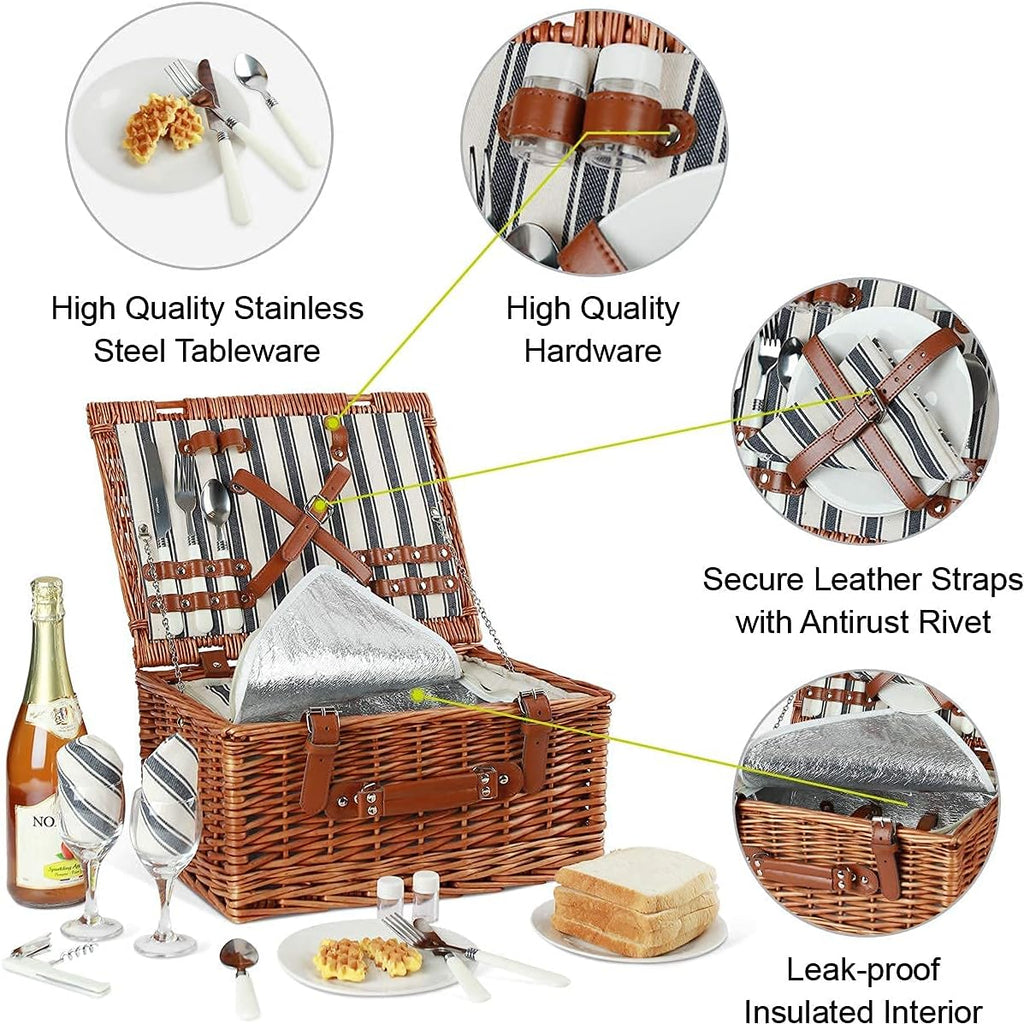 Wicker Picnic Basket Set with Insulated Cooler Bag and Cutlery Service Kit V663