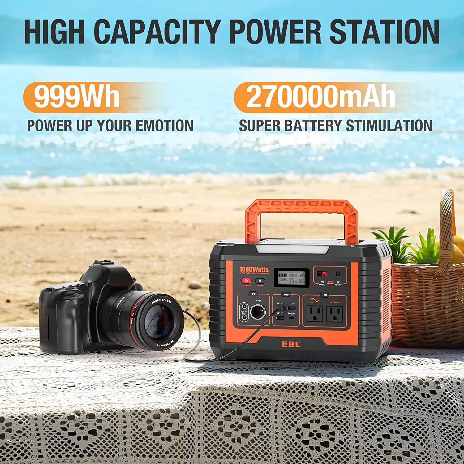 Portable Power Station 1000W Solar Generator, 270000mAh Lithium Battery Backup, with 2 AC Outlets, 3 QC3.0 USB, and PD60W Port O99192