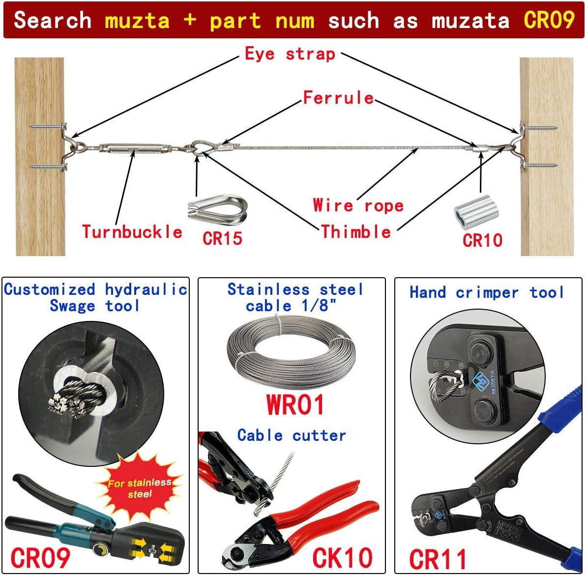 40 Set 1/8 Cable Railing Kit Heavy Duty Turnbuckle M5 Eye to Eye Stainless Steel Angle Adjustable T3254