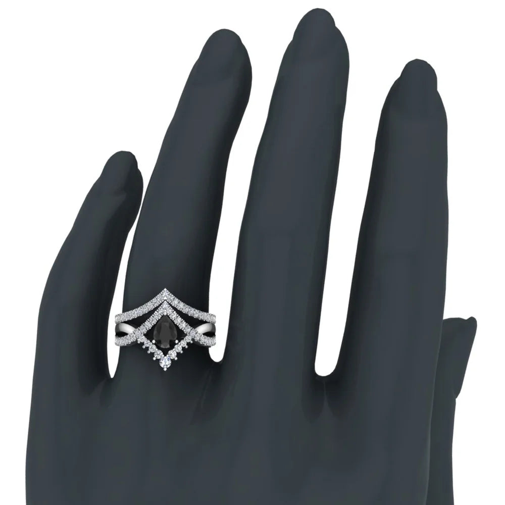 Pear Cut Black Diamond Wedding Ring Set 14K White Gold P392