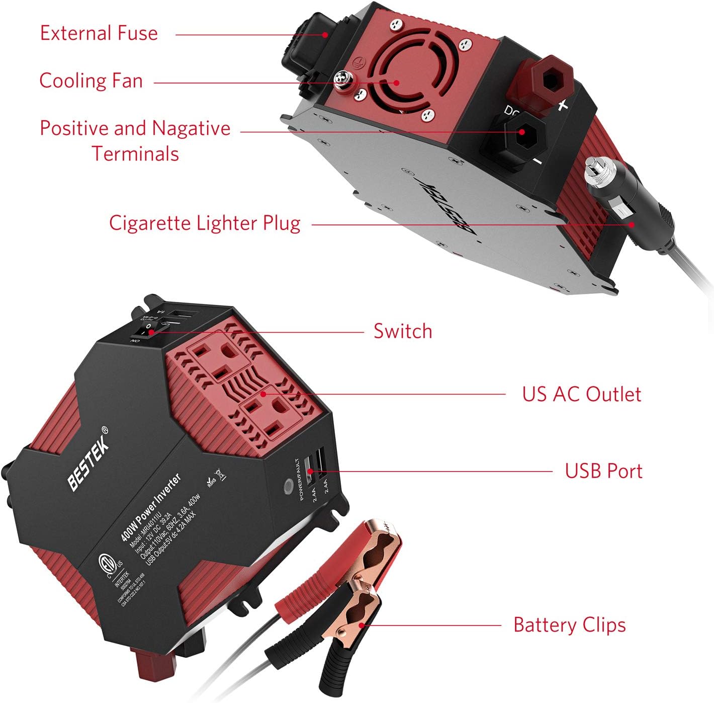 400W Car Power Inverter DC 12V to AC 110V with 4 USB Charging Ports Pack of 2 B49667