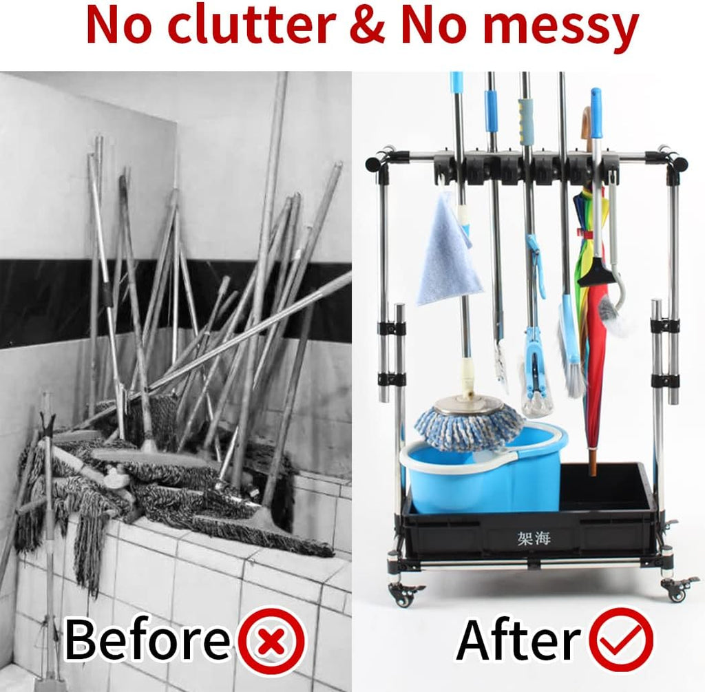 Stainless Steel Adjustable Height Broom and Mop Rack Storage Rack I798197
