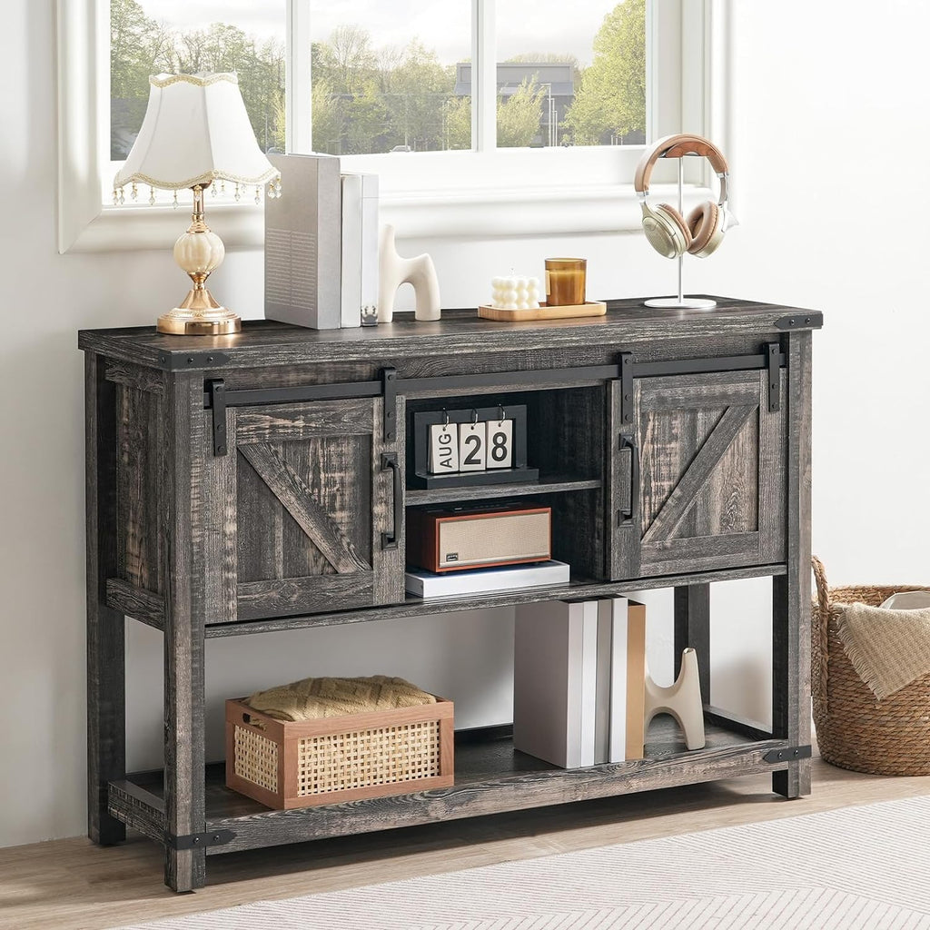 Vintage Gray Farmhouse Console Table with Sliding Barn Doors T17327