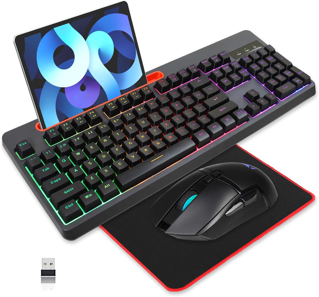 Wireless Gaming Keyboard and Mouse Combo, Rainbow Backlit Mechanical Feel, Anti-ghosting, Ergonomic Design, Tablet/Phone Bracket, Long Battery Life, Pack of 2 X6389