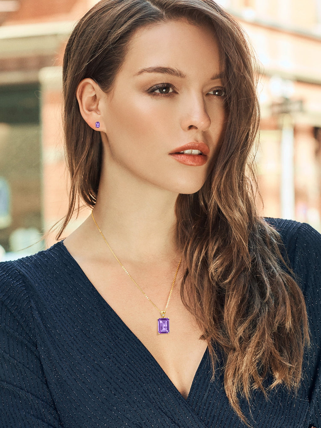 18K Yellow Gold Plated Silver Purple Amethyst and White Topaz Pendant and Earrings Jewelry Set V532