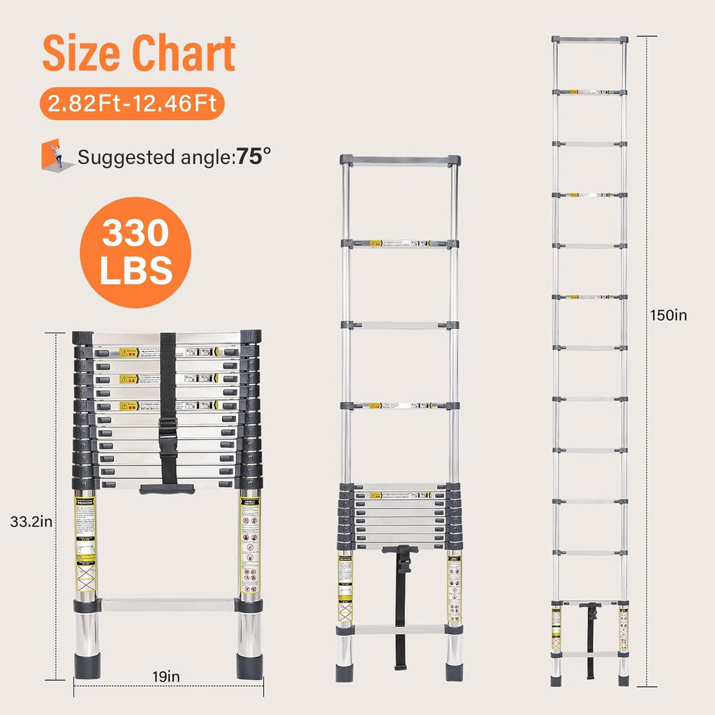 Telescoping Ladder, 10.5FT Stainless Steel, Non-Slip Feet, 330lb Capacity Y41930