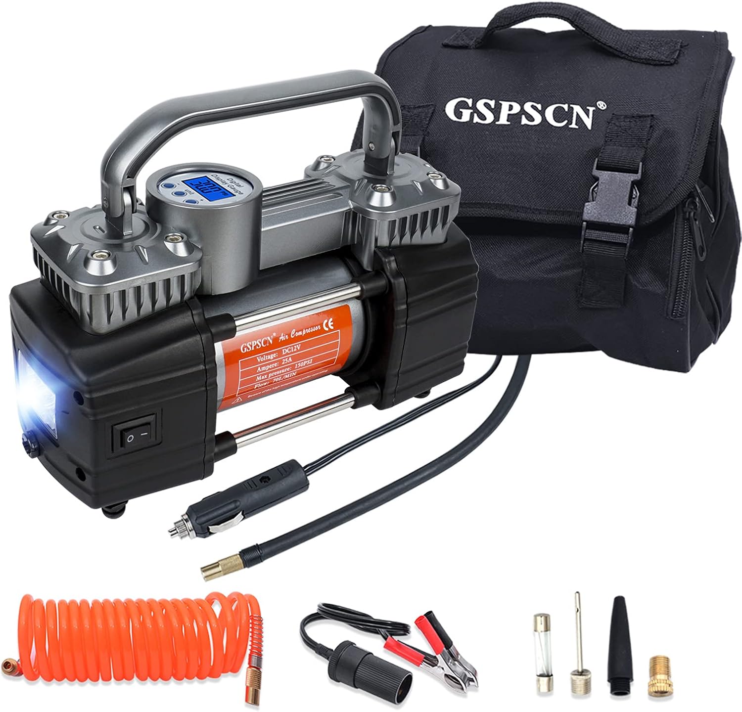 Portable Digital Car Tire Inflator 150Psi Auto Shut-Off Double Cylinders 12V Air Compressor Pump with LED Light (RED) S54281