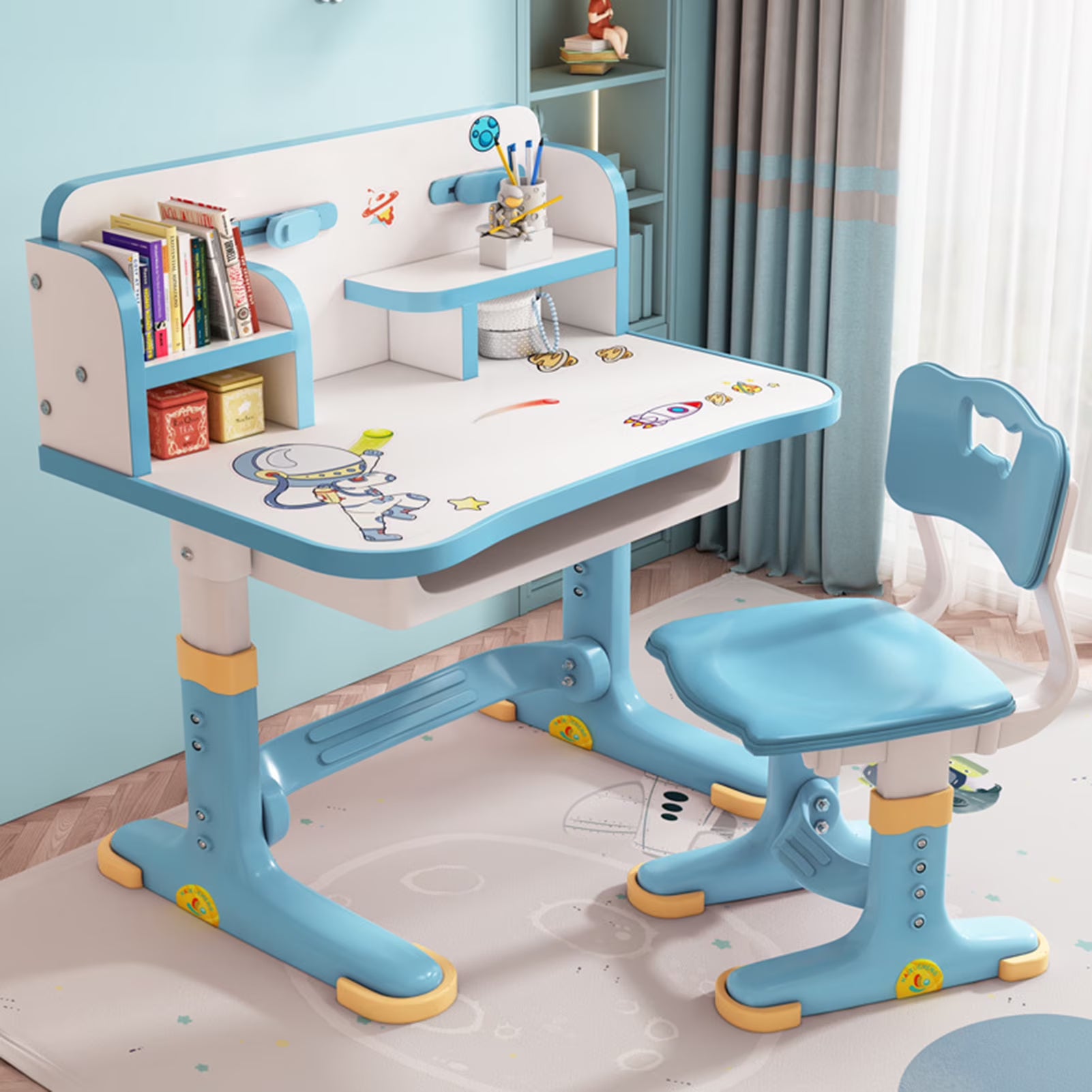 Blue Height Adjustable Kids Desk and Chair Set with Drawer X95160