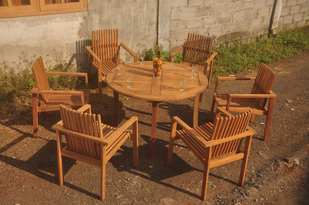 Teak 7 Pc 6 Seater Dining Set with 48" Round Table and 6 Stacking Arm Chairs Q203496