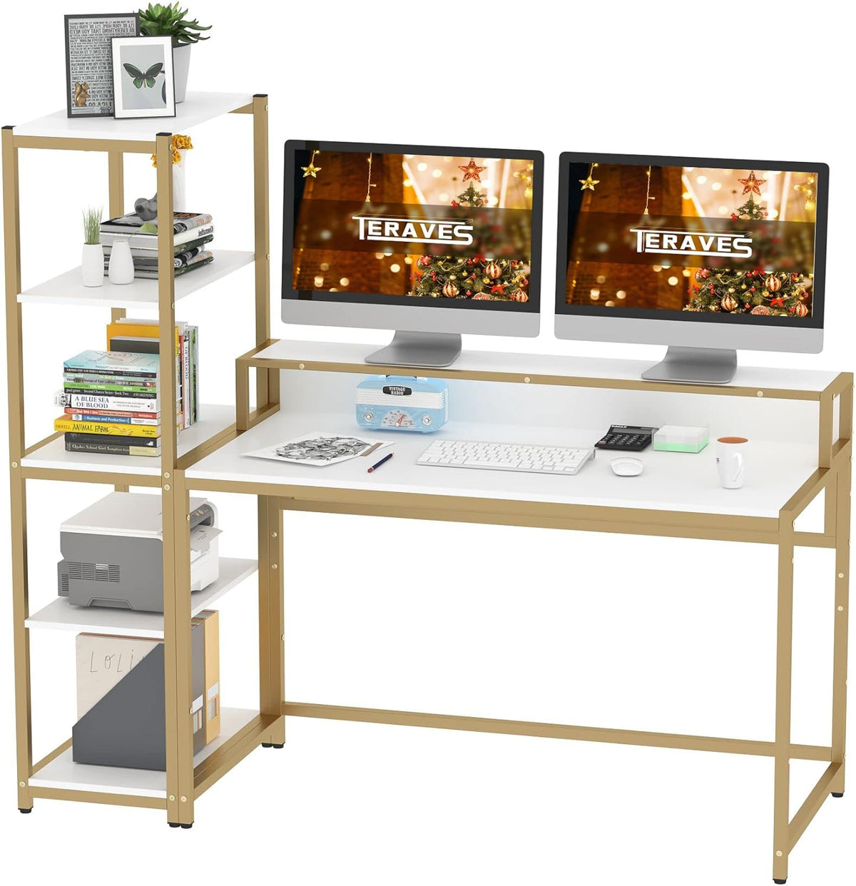White Marbling Gold Frame 47 Inch Computer Desk with 5 Tier Shelves M879