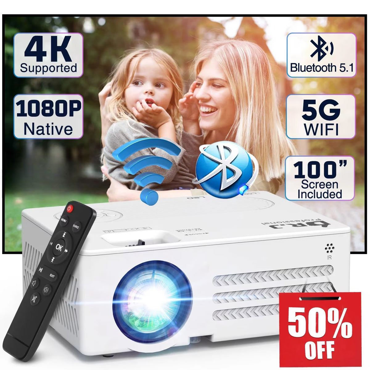 4K Supported Native 1080P Video Projector with 100" Screen R347