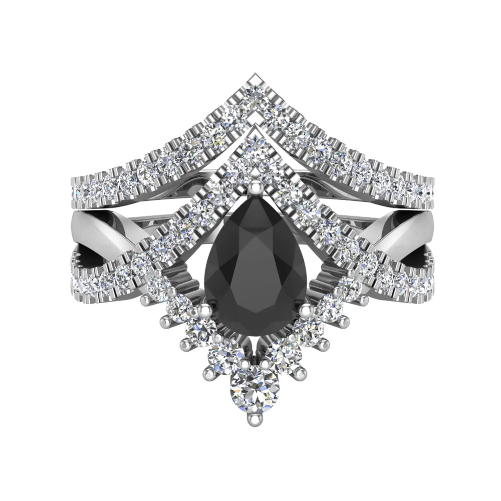 Pear Cut Black Diamond Wedding Ring Set 14K White Gold P392