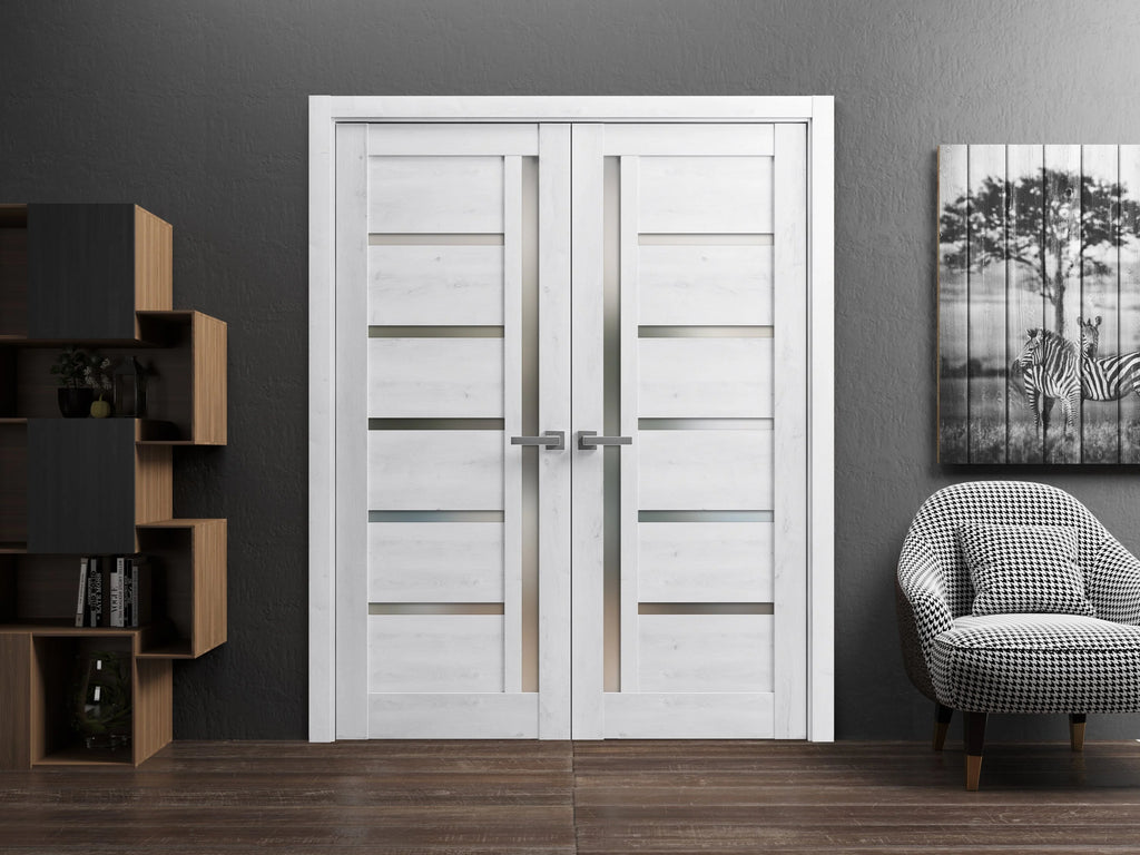 Solid French Double Doors 64 x 96 inches with Frosted Glass Wood Solid Panel Frame Trims E187721
