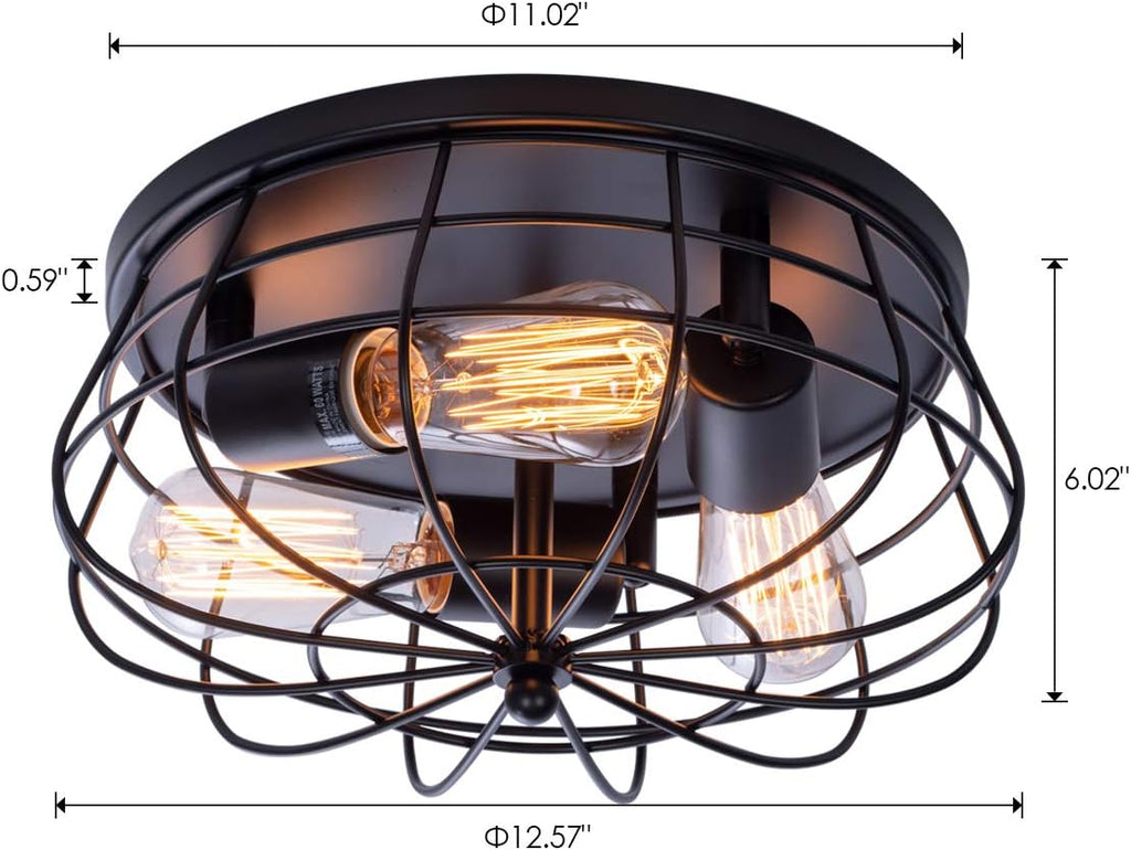 Industrial 3-Light Rustic Semi Flush Mount Ceiling Light with Metal Cage H230614