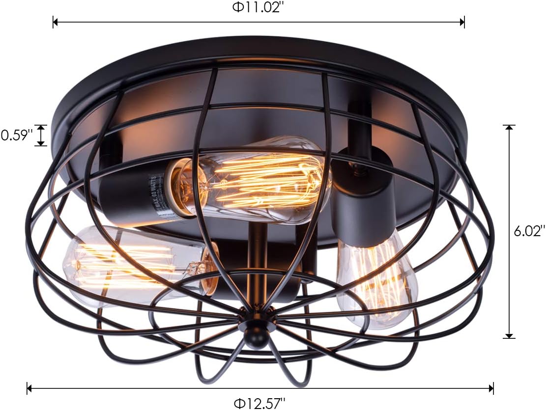 Industrial 3-Light Rustic Semi Flush Mount Ceiling Light with Metal Cage H230614