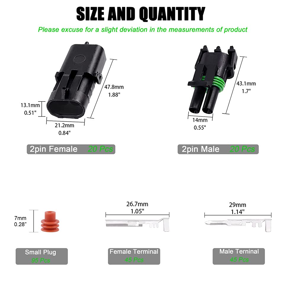 20 Sets 2 Pin Weather Pack Connector Waterproof Car Electrical Wire Connector Terminals Plug Kit with 45 Sets Male and Female Terminal KIT 18-14AWG Q484