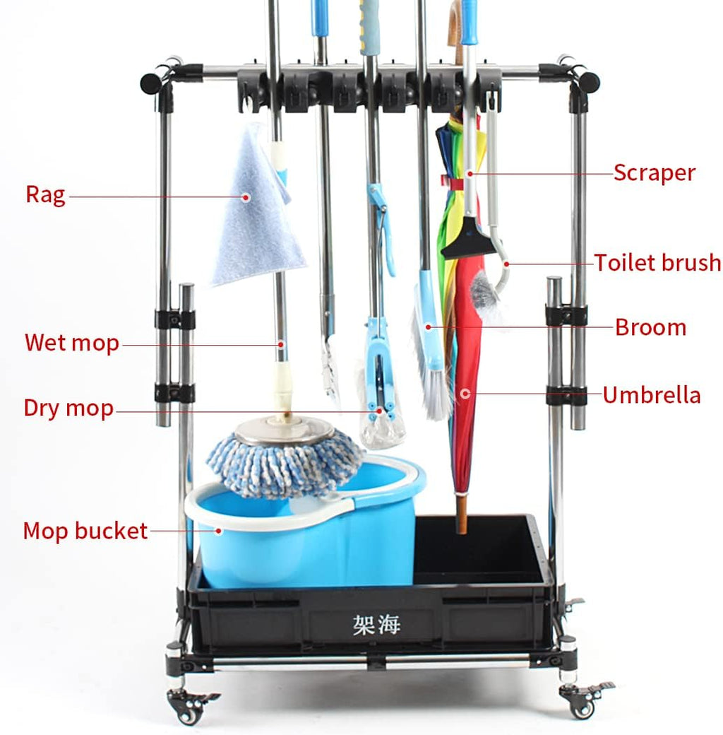 Stainless Steel Adjustable Height Broom and Mop Rack Storage Rack I798197