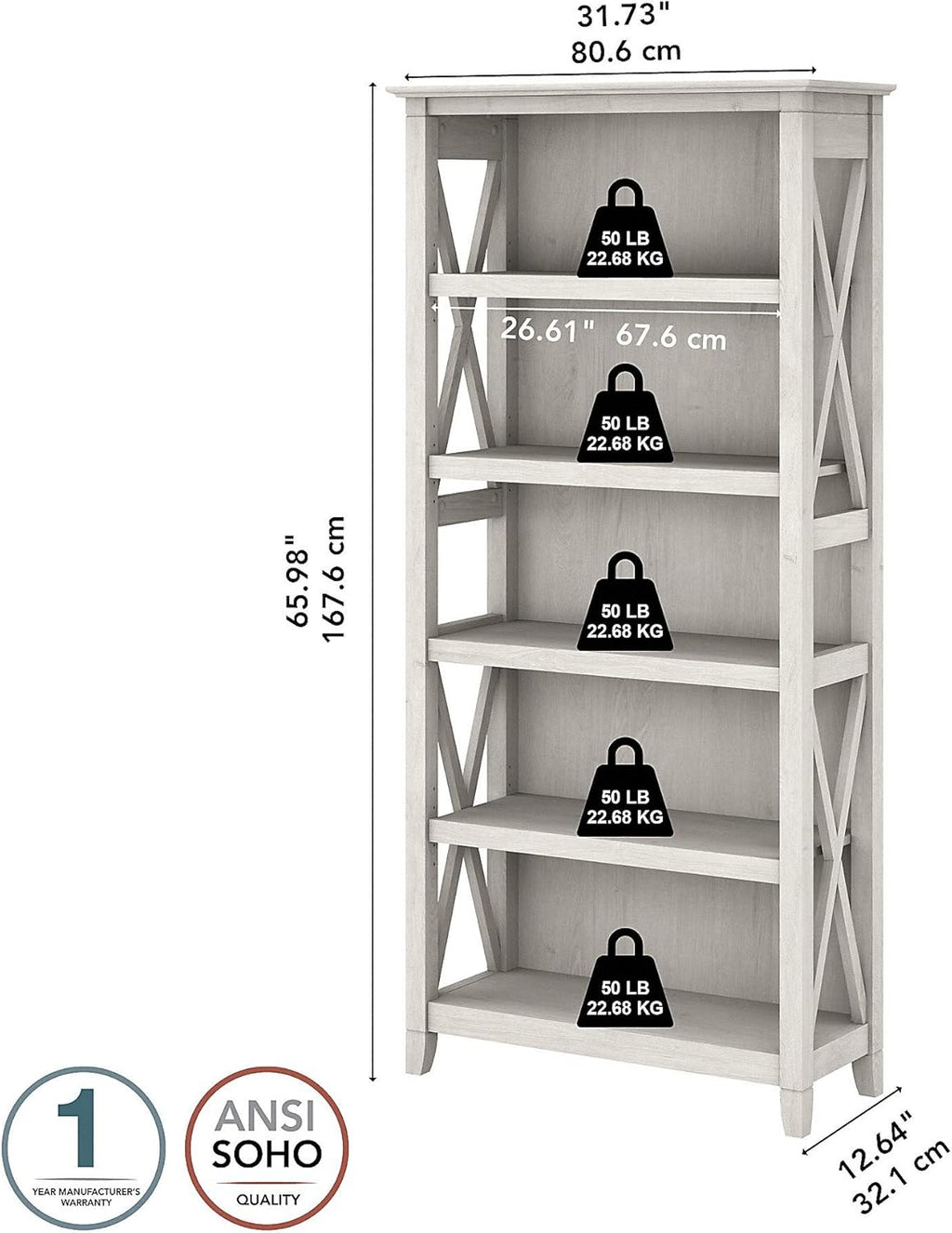5 Shelf Bookcase in Linen White Oak P202