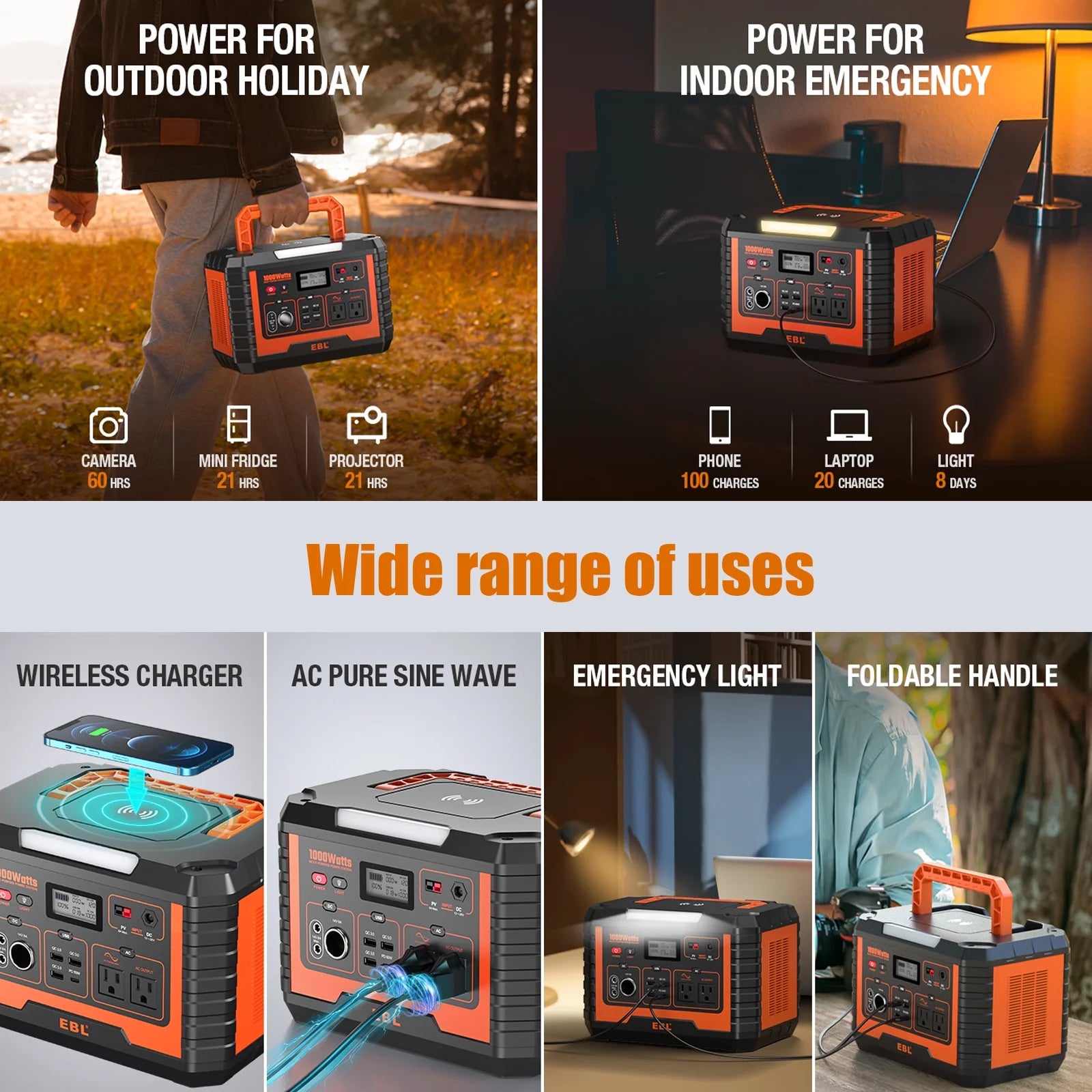 Portable Power Station 1000W Solar Generator, 270000mAh Lithium Battery Backup, with 2 AC Outlets, 3 QC3.0 USB, and PD60W Port O99192