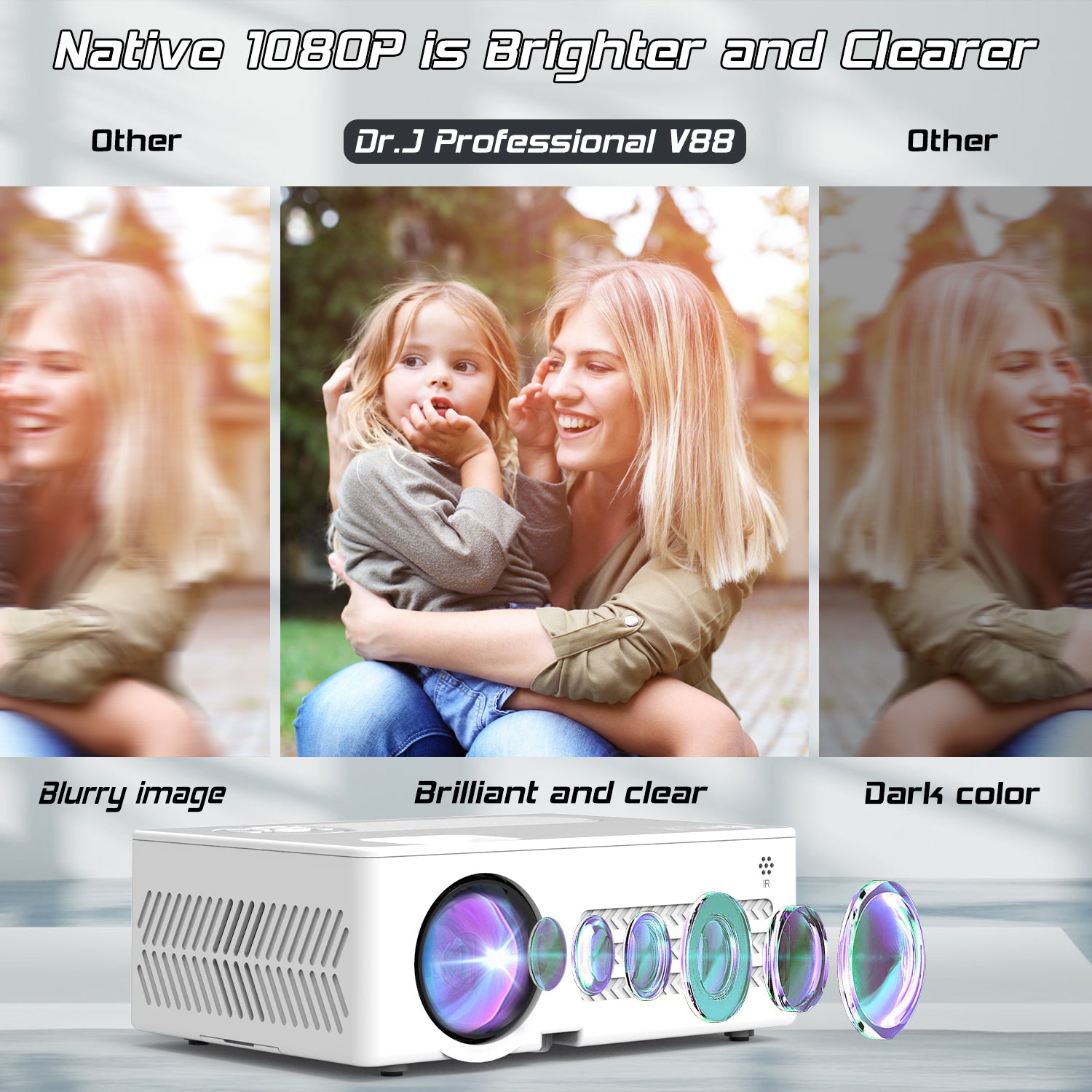 4K Supported Native 1080P Video Projector with 100" Screen R347