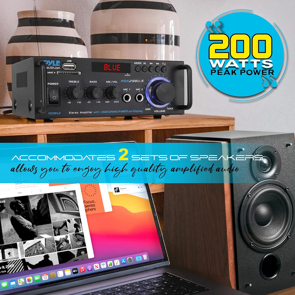 200W 2 Channel Bluetooth Stereo Power Amplifier with FM Radio, Pack of 2 V209