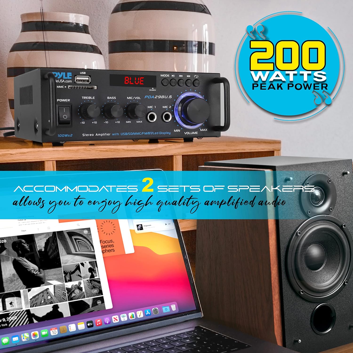 200W 2 Channel Bluetooth Stereo Power Amplifier with FM Radio, Pack of 2 V209