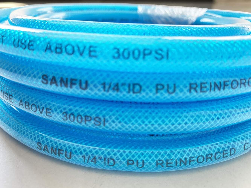 Transparent Blue 100ft Polyurethane Air Hose with 1/4" Swivel MNPT Solid Brass Quick Coupler and Plug, Pack of 2 Q5945
