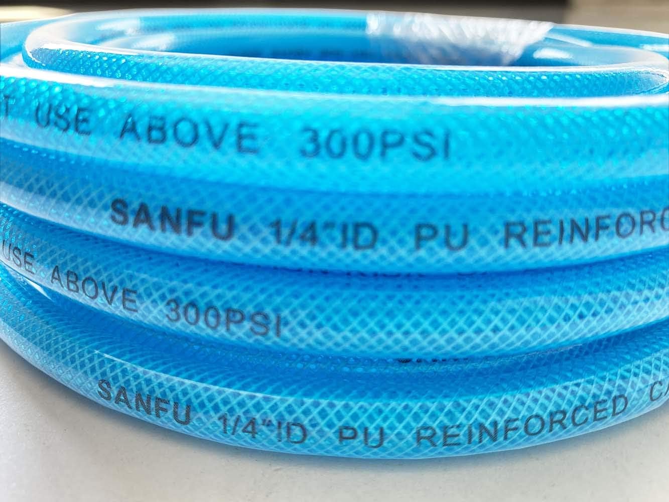 Transparent Blue 100ft Polyurethane Air Hose with 1/4" Swivel MNPT Solid Brass Quick Coupler and Plug, Pack of 2 Q5945