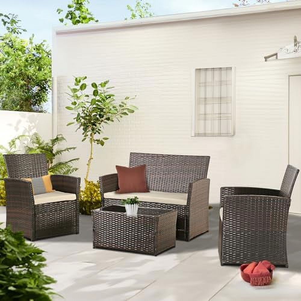 Gray Wicker 4 Pieces Sectional Sofa Set with Table and Loveseat J86121
